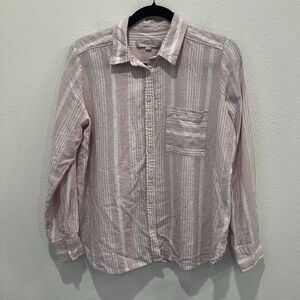 Loft Button Down Shirt Women's M Pink White Stripe Linen Blend Classic Coastal